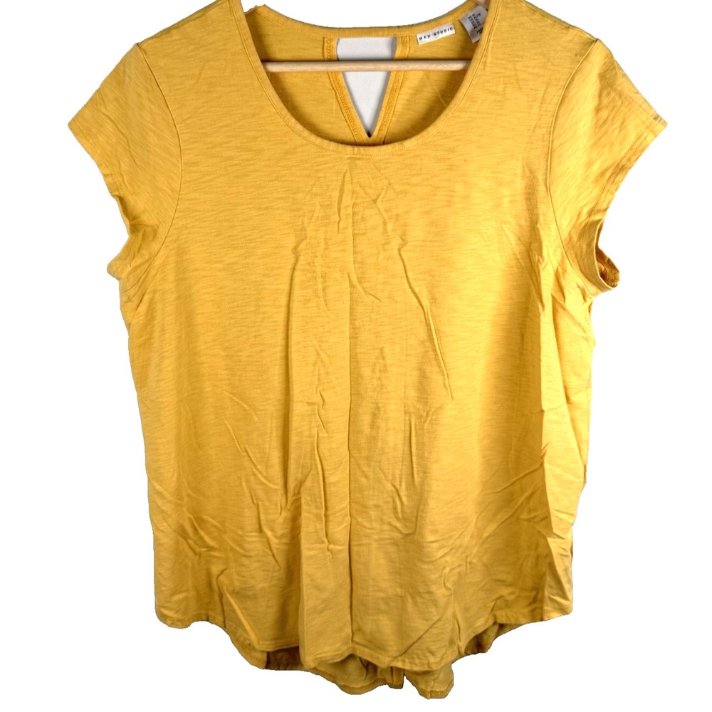Max Studio Women's XL Cotton Blend Yellow Short Sleeve Keyhole Back Top Blouse